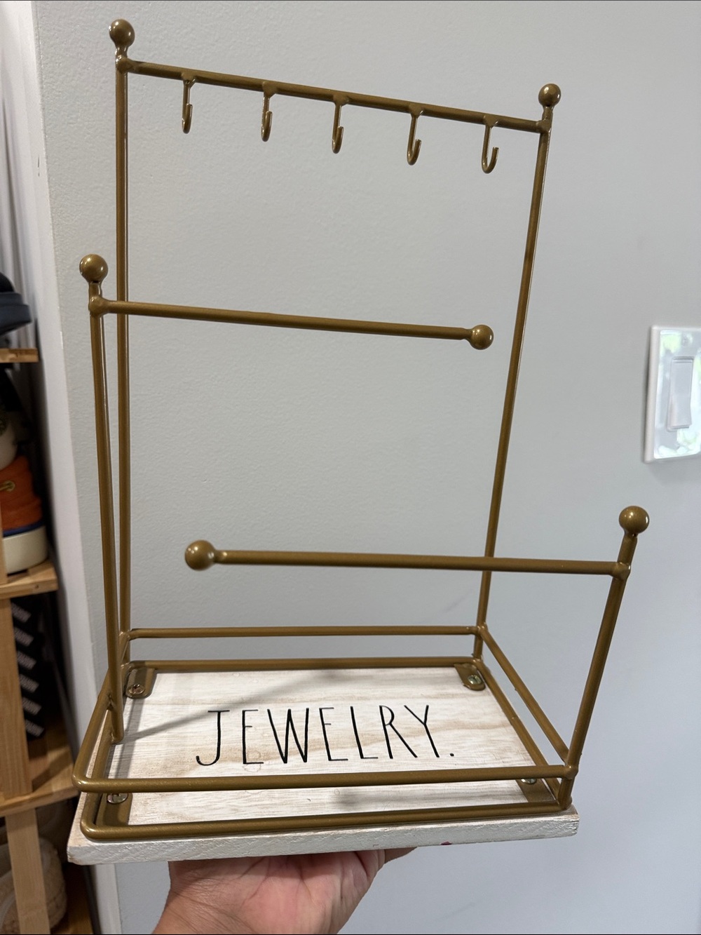 RAE Dunn Gold Jewelry Organizer Stand with Multi-Level Hooks and Tray